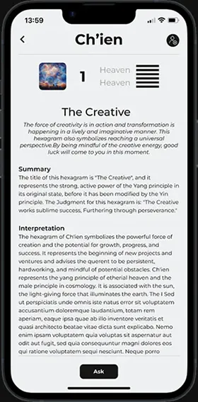 Screenshot of GrowthGuide app displaying detailed interpretation of an individual I Ching hexagram for personalised growth insights.