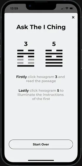 Screenshot of GrowthGuide app displaying a completed user-generated I Ching hexagram, ready to reveal detailed interpretations for personal growth.