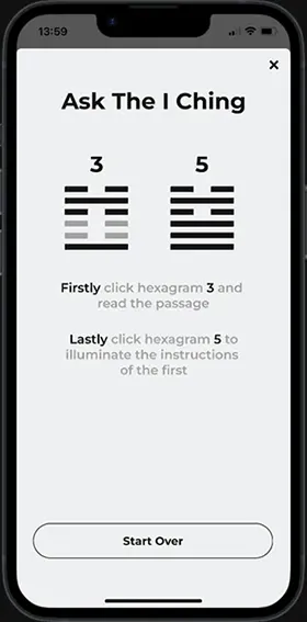 Screenshot of Life's GPS app displaying a completed user-generated I Ching hexagram, ready to reveal detailed interpretations for personal growth.