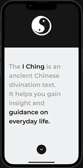 Screenshot of GrowthGuide app onboarding screen featuring text about the AI Ching's purpose for providing insight and guidance in everyday life.