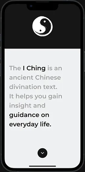 Screenshot of Life's GPS app onboarding screen featuring text about the AI Ching's purpose for providing insight and guidance in everyday life.