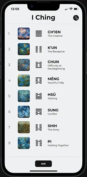 Screenshot of GrowthGuide app showcasing a comprehensive list of all 64 I Ching hexagrams for personal development guidance.