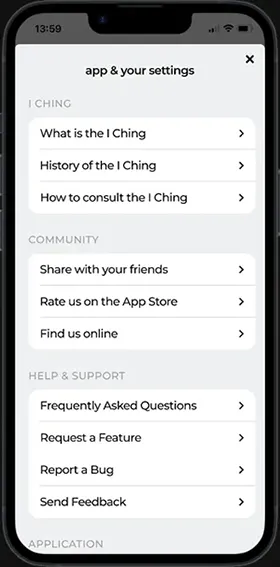 Screenshot of GrowthGuide app's settings screen providing options for learning about I Ching, sharing the app, rating, online discovery, FAQs, feature requests, and bug reporting.