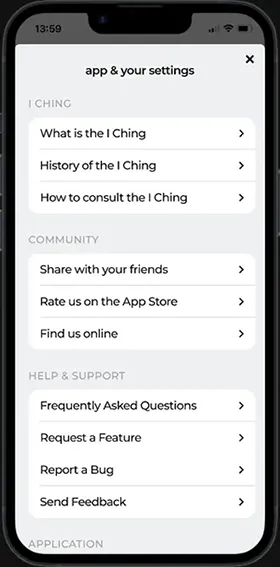 Screenshot of Life's GPS app's settings screen providing options for learning about I Ching, sharing the app, rating, online discovery, FAQs, feature requests, and bug reporting.