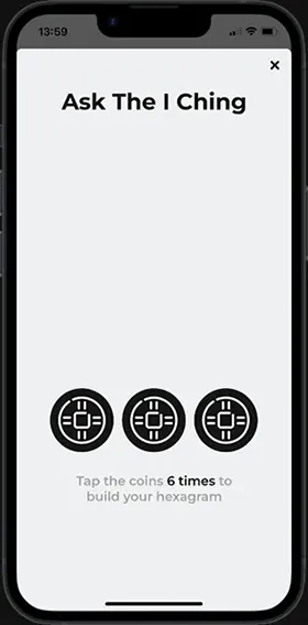 Screenshot of Life's GPS app's interactive tool, simulating the casting of I Ching coins to generate a unique hexagram for personal growth insights.